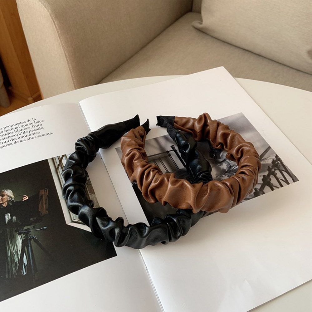 Băng đô da PU nhún nếp màu trơn phong cách Hàn Quốc vintage thời trang cho nữ