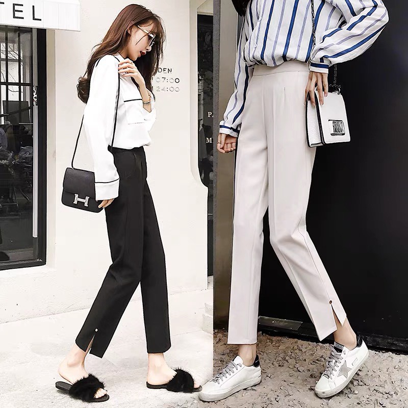 Quần baggy nữ cạp cao xẻ gấu phong cách mới chất tuyết mưa dày dặn 3 màu Trắng Đen Kem | BigBuy360 - bigbuy360.vn