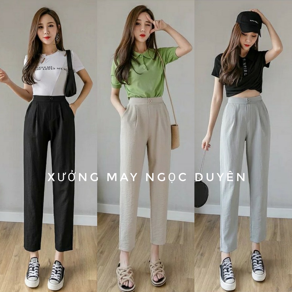 Quần đũi nữ dáng baggy công sở cạp chun lưng thun cao - Màu đen trắng kem Vải đũi xước mềm - Mặc đi học làm đi biển chơi