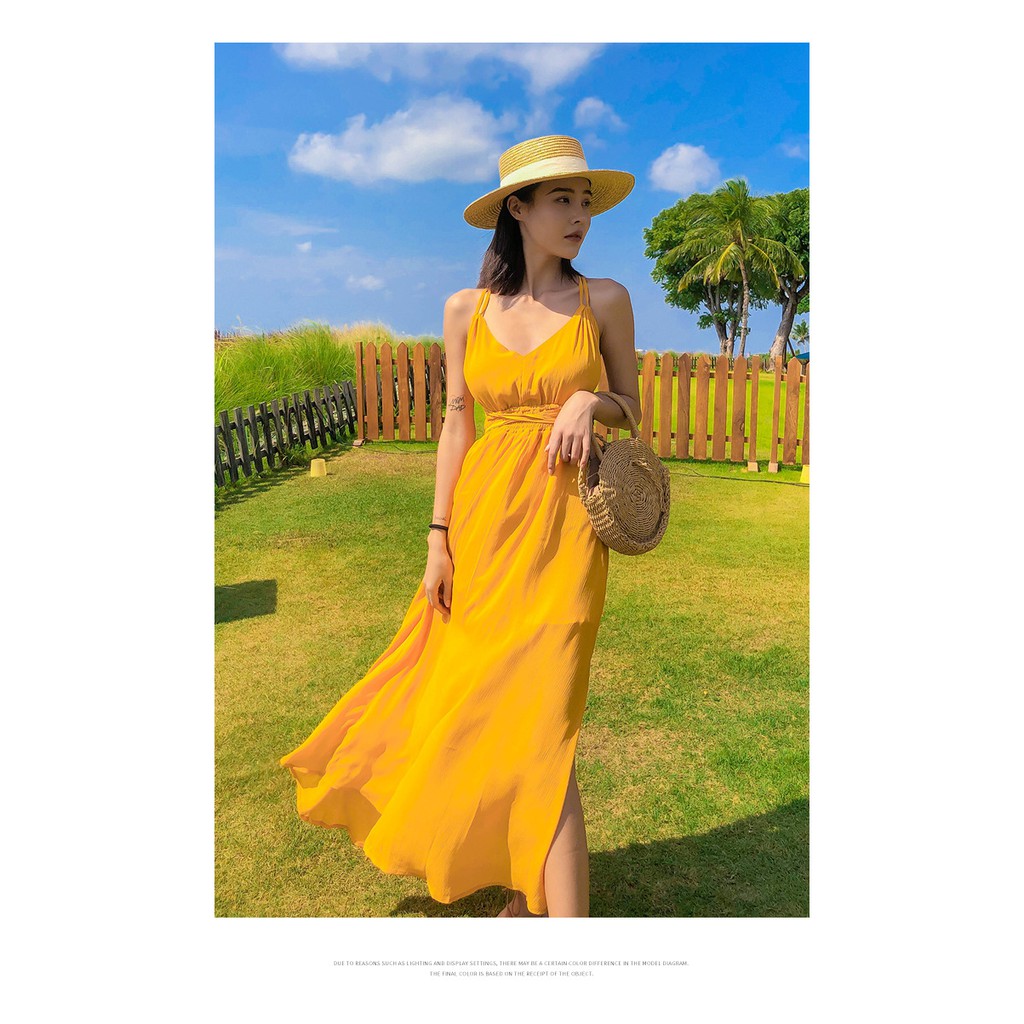(CÓ SẴN)ĐẦM MAXI VÁY MAXI VÀNG HỞ LƯNG ĐI BIỂN QUẢNG CHÂU | BigBuy360 - bigbuy360.vn