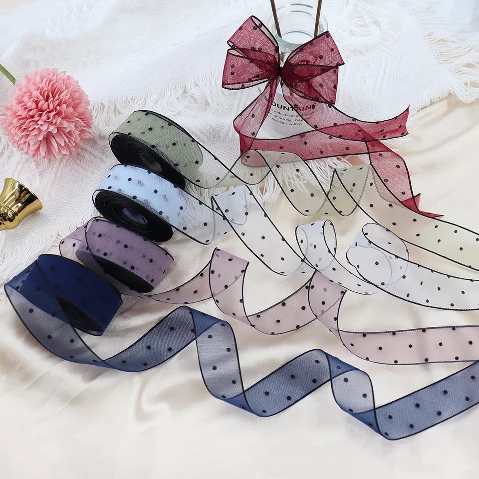 Ruy Băng Voan Chấm Bi Nhỏ Viền Đen (1 mét)