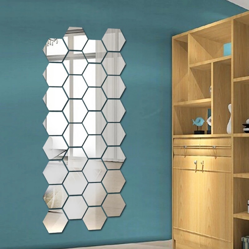 Miếng dán tường thiết kế tráng gương phong cách 3D hình lục giác sang trọng - 8cm