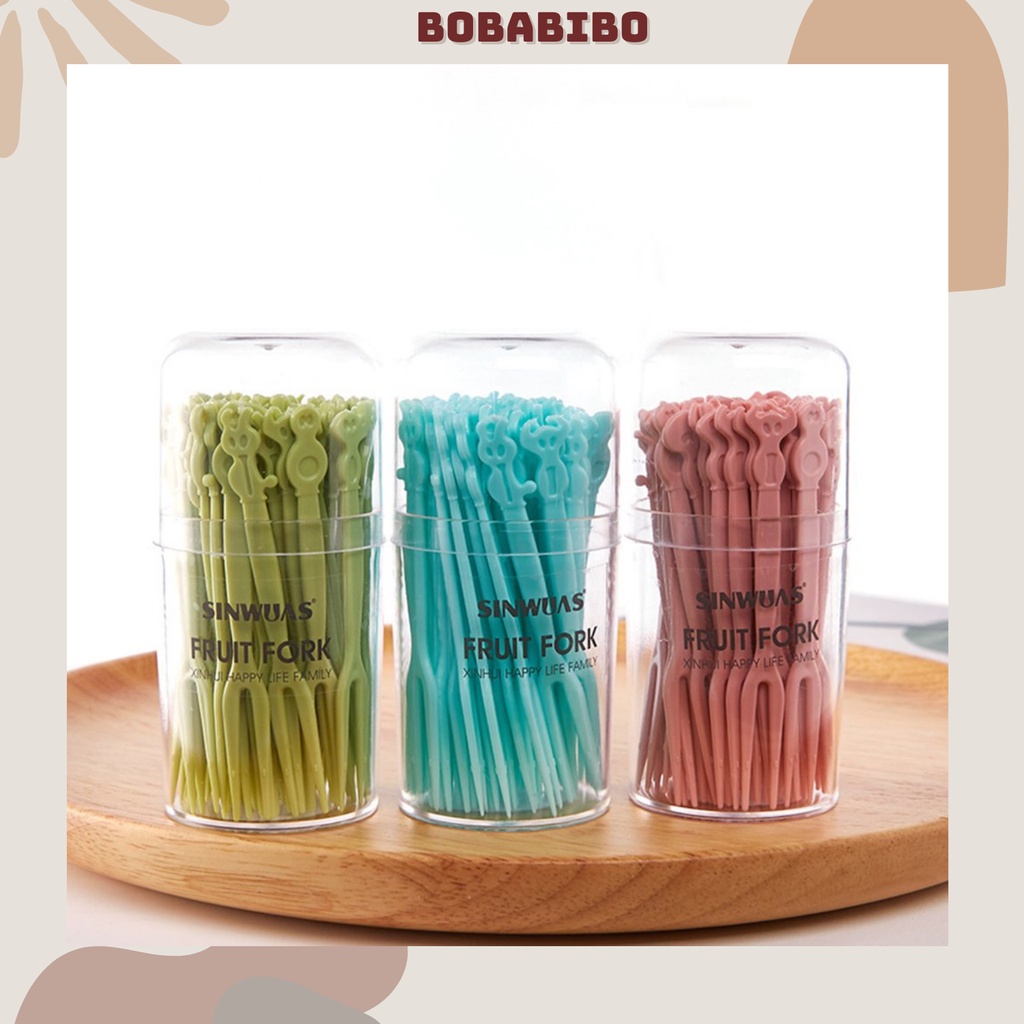 Hộp 50 Dĩa Nhựa Ăn Hoa Quả, Cắm Thức Ăn Màu Sắc Dễ Thương, Rĩa Nhựa Ăn Hoa Qủa An Toàn Dùng Một Lần Bobabibo