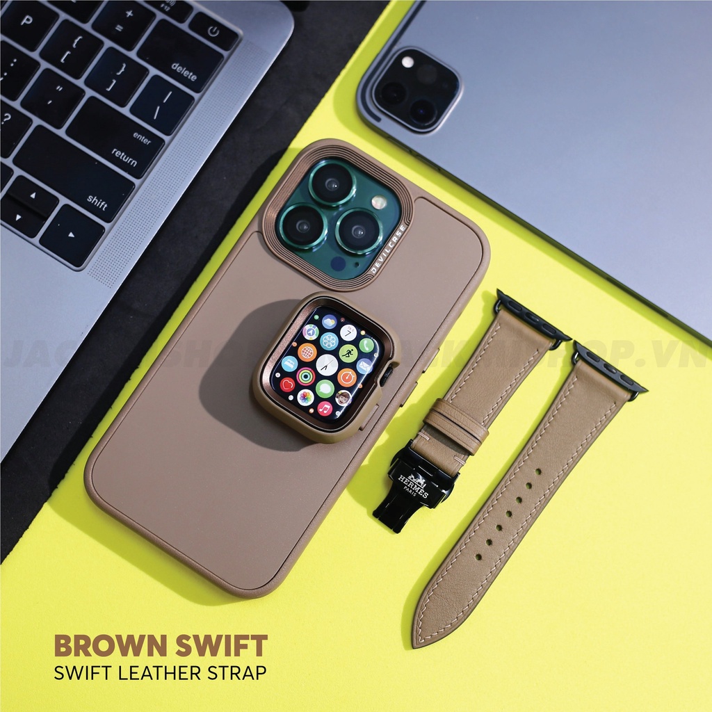 Combo ốp Devilcase và dây da Bê Swift khóa bướm cho p 13 promax 13 pro 13 và aw series 7 6 SE 5 4 size 45mm 44mm 41mm