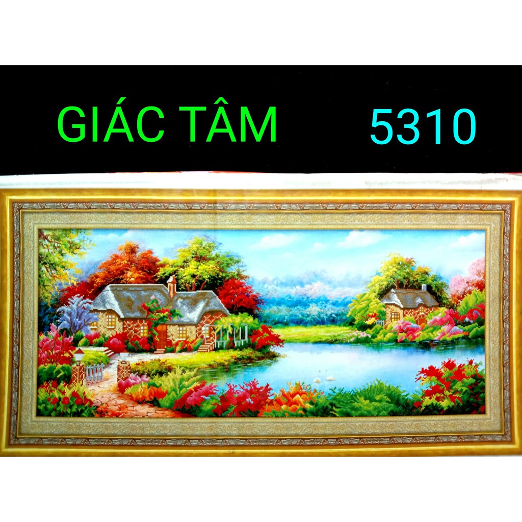 Tranh đá NHÀ VEN SÔNG - 108x50cm - 5310 - VƯỜN BÔNG HOA DÒNG SÔNG THIÊN NGA CÂY CỎ - tranh đá chưa làm - chưa gắn đá