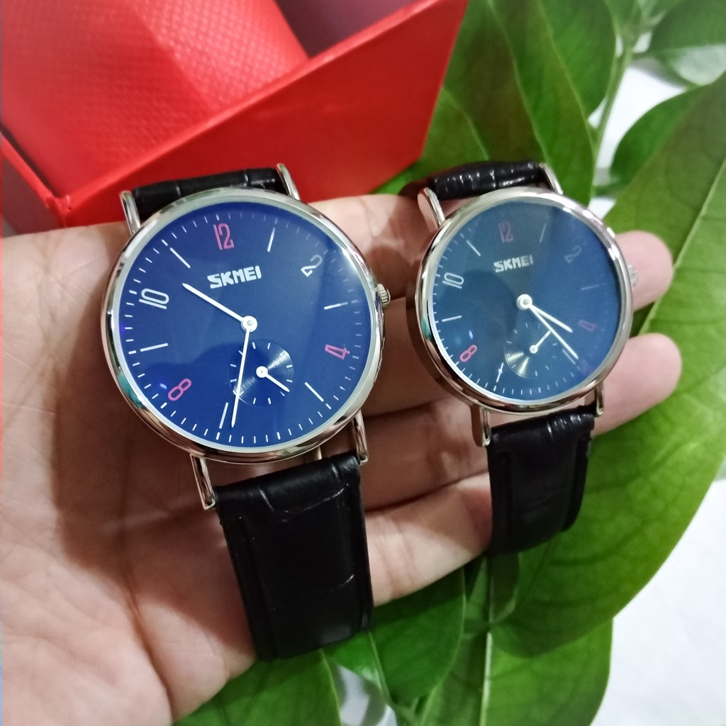 Đồng hồ đôi nam nữ SKMEI dây da mặt xanh