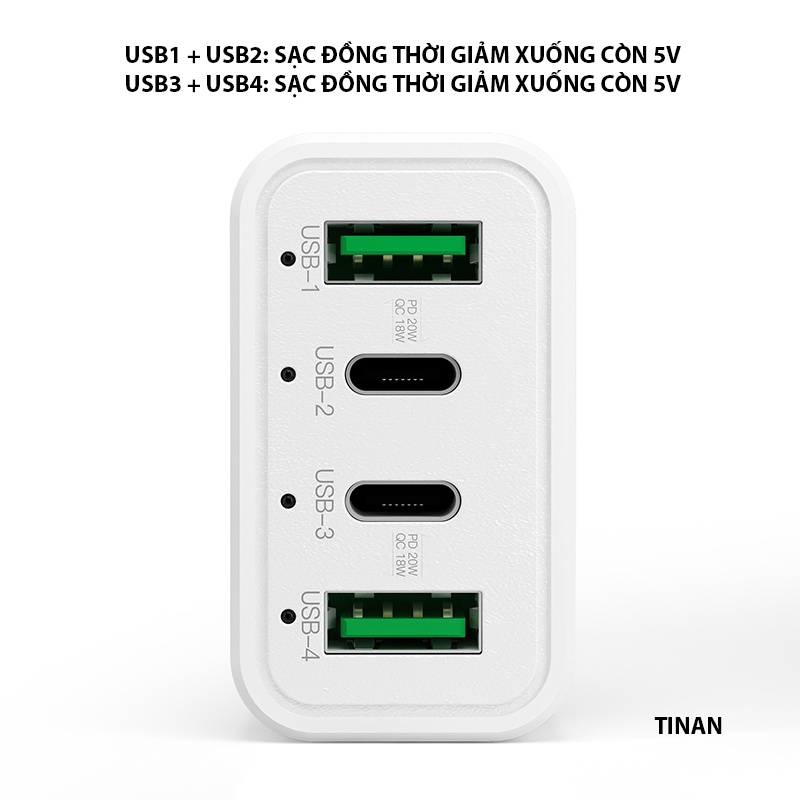 Bộ Sạc Trên Ô Tô 4 Cổng 40W, Đầu USB, TypeC, Sạc PD, QC 3.0, K26