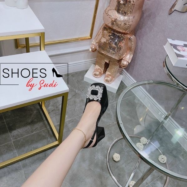 Giày cao gót 7p đế vuông slingback SUDI SHOES SD026 mũi tròn đính đá bản to màu đen trắng dễ phối đồ sang chảnh