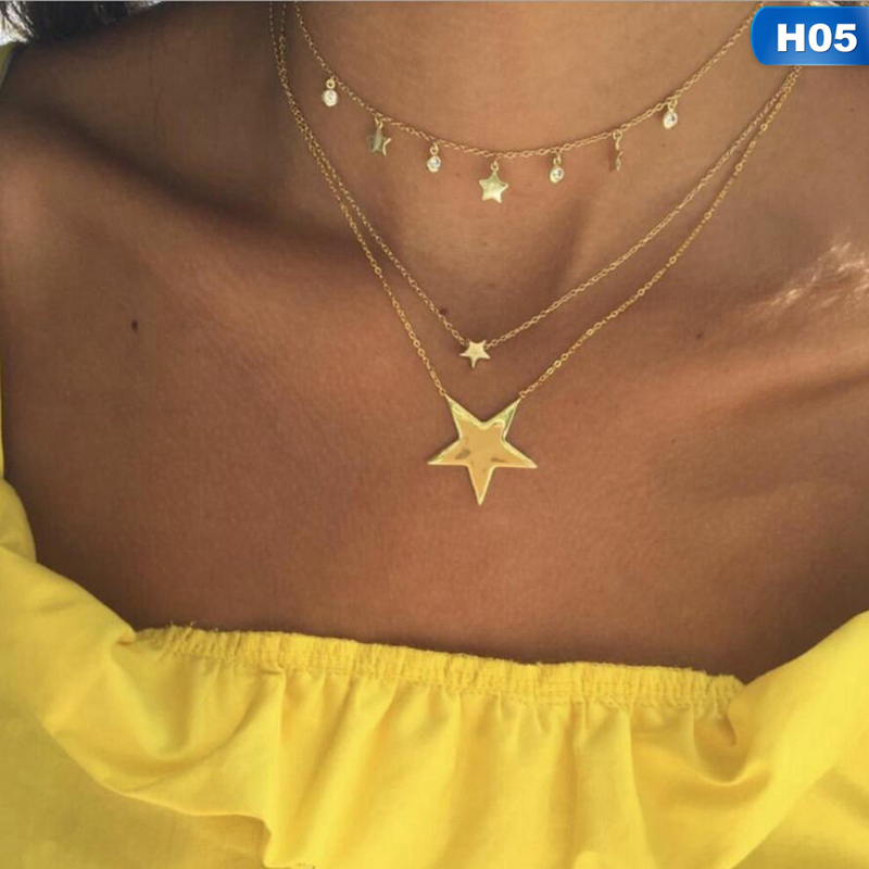 ❤Skute Shinning Choker Multi Layer Beads Necklaces Stars Pendant Tassel Zircons Jewellery Party Necklace for Women