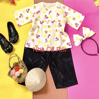 Set bà ba hoạ tiết hàng may thiêt kế kèm cài nơ cho bé gái