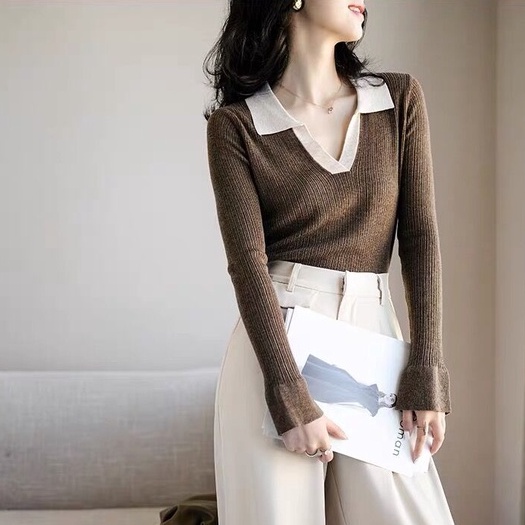 Áo sweater dệt kim cổ polo phong cách Pháp | BigBuy360 - bigbuy360.vn