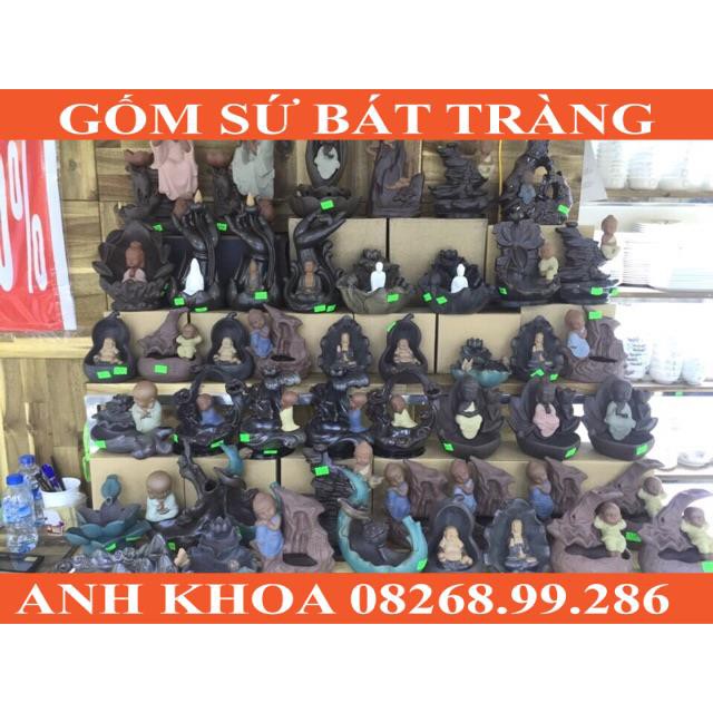 Tượng đốt trầm chú tiểu hoa sen - Gốm sứ Bát Tràng Anh Khoa