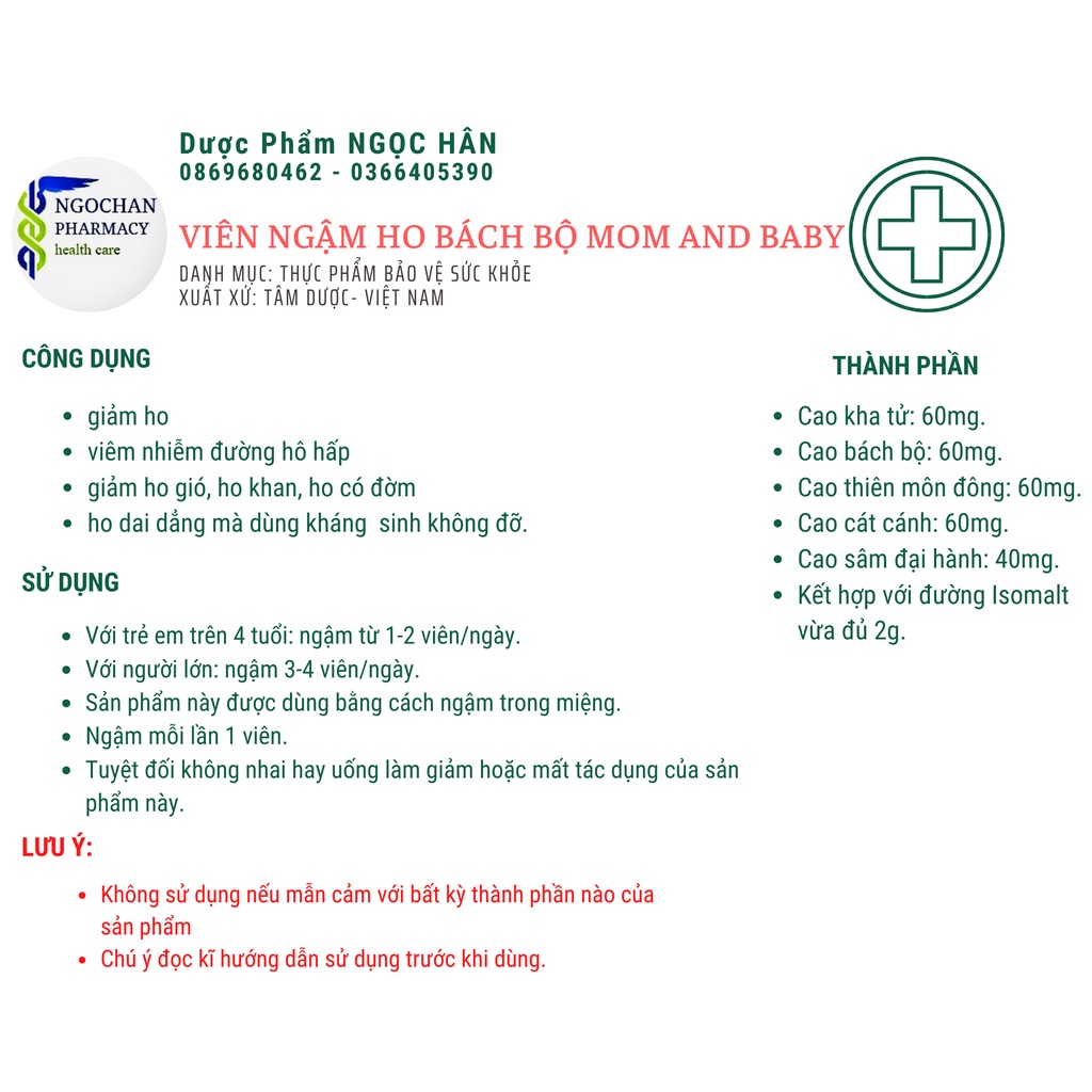 Viên Ngậm Ho Bách Bộ Mom and Baby| Giảm Ho, Rát Họng| Vỉ x 6 viên|Tâm Dược