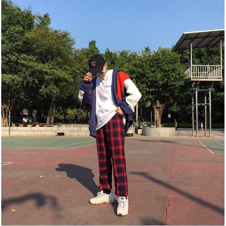 Quần baggy ống rộng bigsize kẻ caro đen đỏ dáng suông unisex | BigBuy360 - bigbuy360.vn