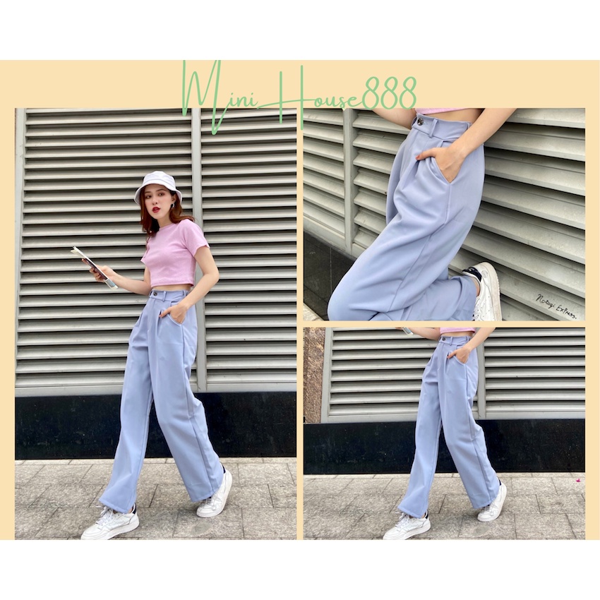 (Ảnh Thật , Sẵn ) Quần tây Xanh Xám Lưng Thun Trước có nút Phối Áo Croptop Hồng Ánh tím Minihouse888