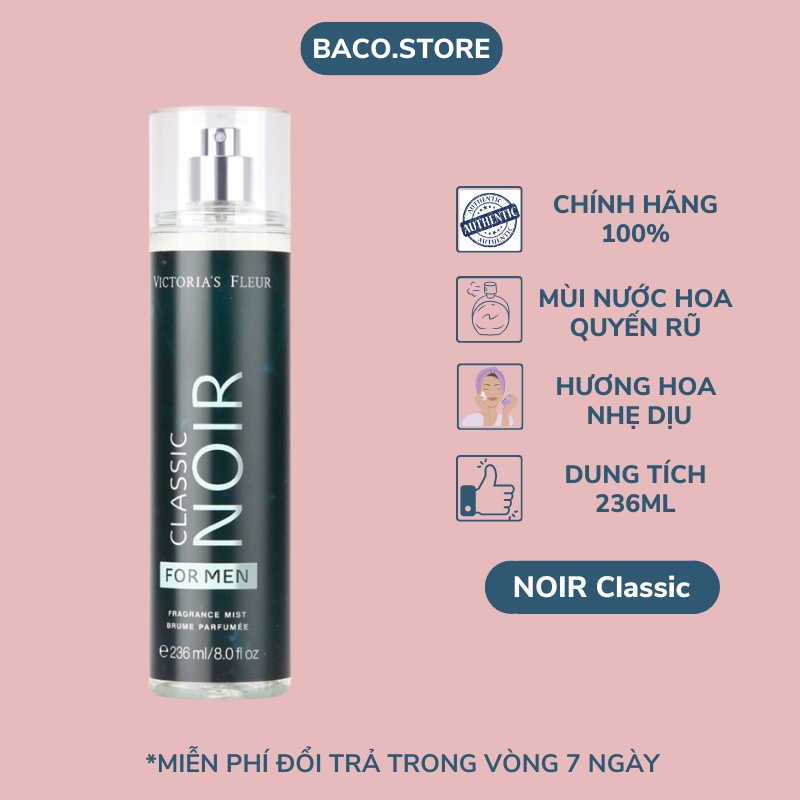 body mist, Xịt thơm cho nam NOIR Classic 236ml Sang trọng, Thanh mát, quyến rũ