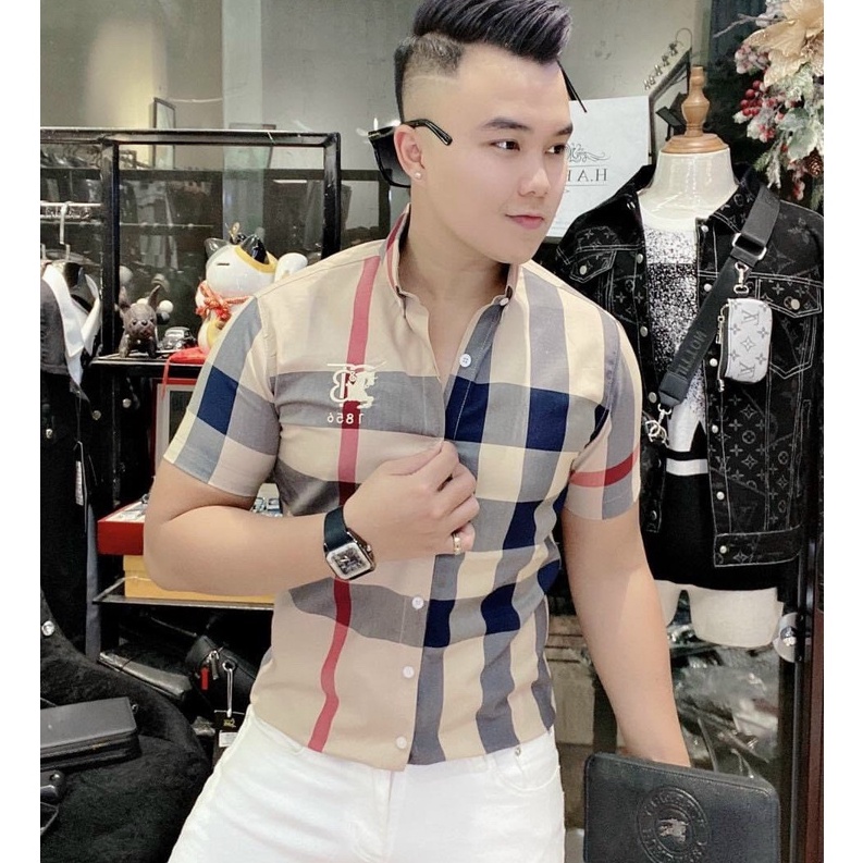 Áo sơ mi nam ngắn tay phong cách thêu logo BBR vải lụa mát mịn hàng chuẩn shop