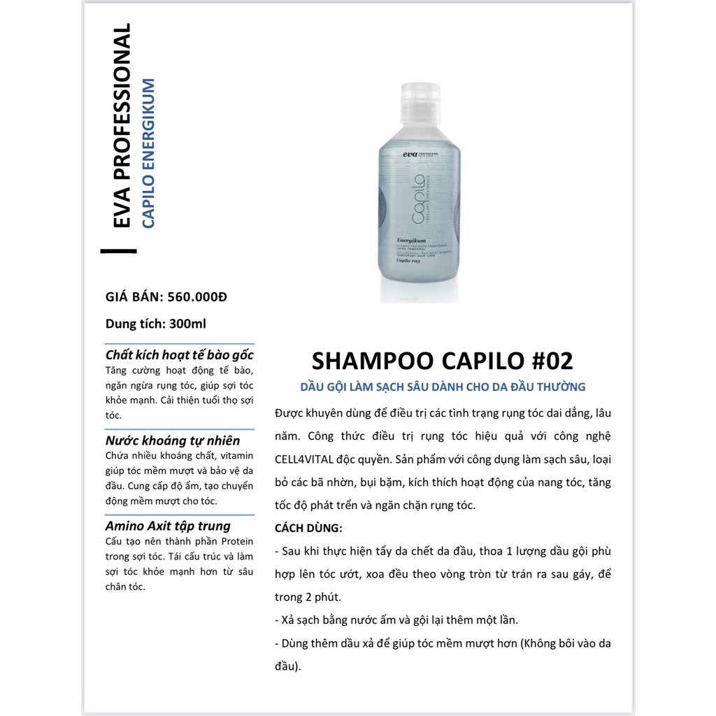 Dầu Gội Chống Tình Trạng Rụng Tóc Dai Dẳng Lâu Năm Eva Capilo Energikum 300ml - Cho Da Đầu Thường