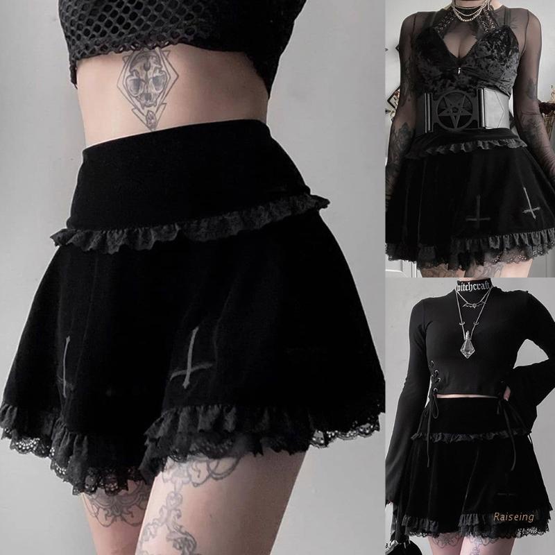 Chân Váy Nhung Đen Xếp Ly Phối Ren Đan Chéo Phong Cách Gothic Thời Trang Cho Nữ