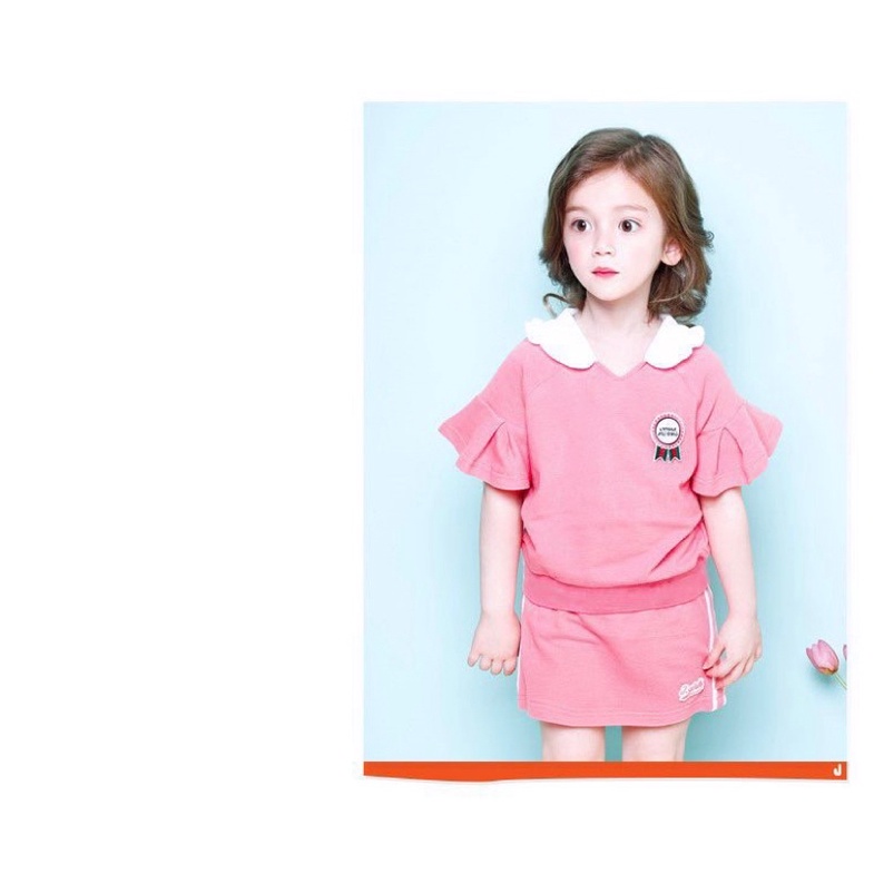 Bộ hè cotton cho bé gái màu hồng viền trắng xuất Hàn