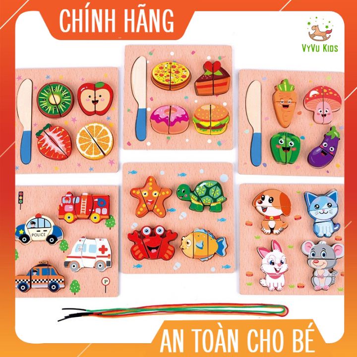 Bộ đồ chơi gỗ tranh ghép xếp hình 3D lắp ghép montessori cắt củ quả động vật xâu dây cho bé VyVu Kids
