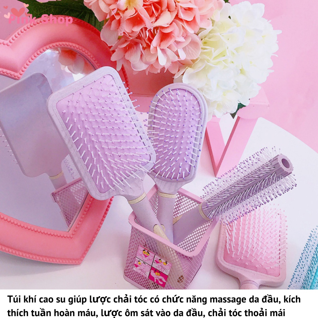 Lược massage có đệm khí đàn hồi tốt cho tóc và da đầu, Lược chải tóc nhựa lúa mạch cầm vừa tay dễ thương Pinkshop