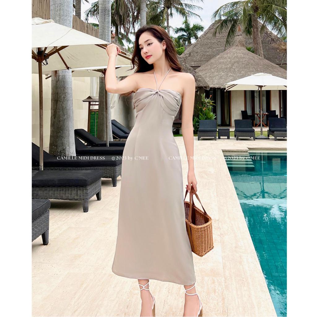 [C'MEE] Đầm lụa cột dây xám ghi Camille Midi Dress