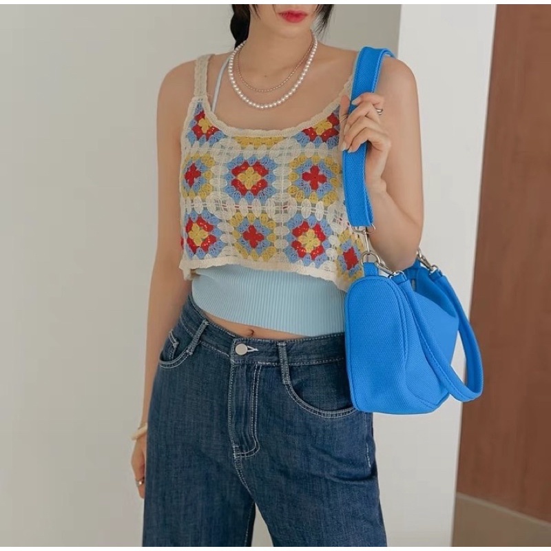 Áo Len Đan Móc 2 Dây Hoạ Tiết Hoa Vintage (hàng Quảng Châu loại 1) Áo kiểu len đan mùa hè