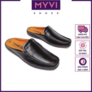 Giày Sục Da Bò Thật Nam Trung Niên, Mũi Vuông Trơn Khóa Oval (Đen) - MyVi Shoes