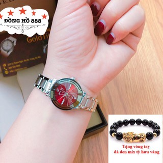 Đồng hồ nữ HALEI dây kim loại TẶNG 1 vòng dây trắng mặt đỏ