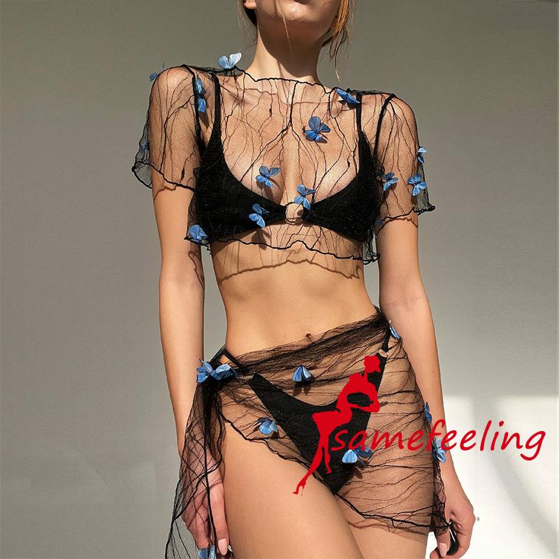 Bikini Bộ Đồ Bơi Áo Croptop Tay Ngắn Phối Chân Váy Lưới Mỏng Ba Chiều Trang Trí Hình Bướm Buộc Dây
