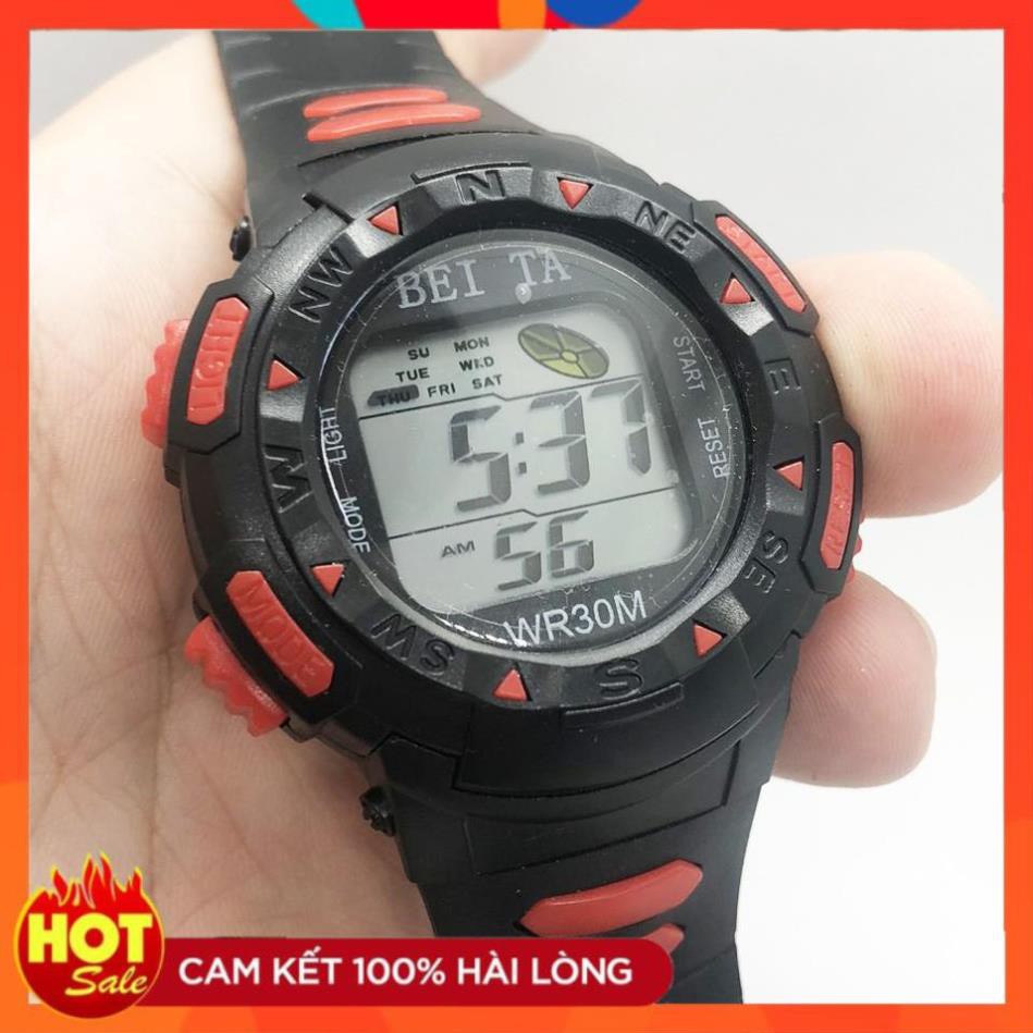 Đồng hồ điện tử thể thao trẻ em Beita dây vỏ cao su mặt tròn size 36mm đa chức năng, đèn led nhiều màu chống nước BT01