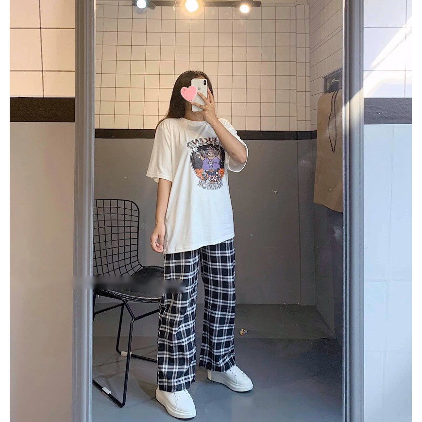 Set Bộ Áo Trắng Weekend Quần Kẻ Caro Đen Dáng Rộng Phong Cách Ulzzang Form Unisex