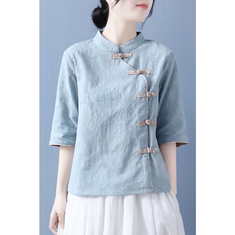 Áo linen cotton mỏng mát tay ngắn cổ chéo cài nút tấm phong cách Trung Hoa