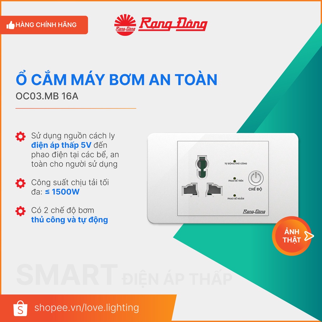 (RẠNG ĐÔNG) Ổ cắm máy bơm an toàn - AN TOÀN HƠN CẢ CHỐNG GIẬT OC03.MB 16A