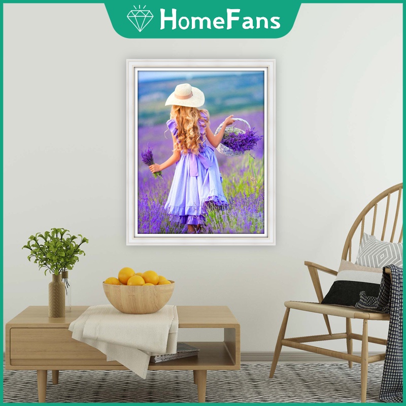 Bộ Tranh Đính Đá Họa Tiết Cô Gái &amp; Hoa Oải Hương Độc Đáo Kích Thước 30x40cm DIY