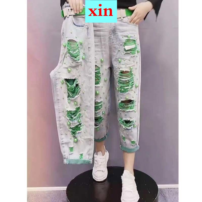 Quần Jean Dáng Ôm Đính Hạt Ngọc Trai Phong Cách Thời Trang Mùa Hè 2022 Cho Nữ