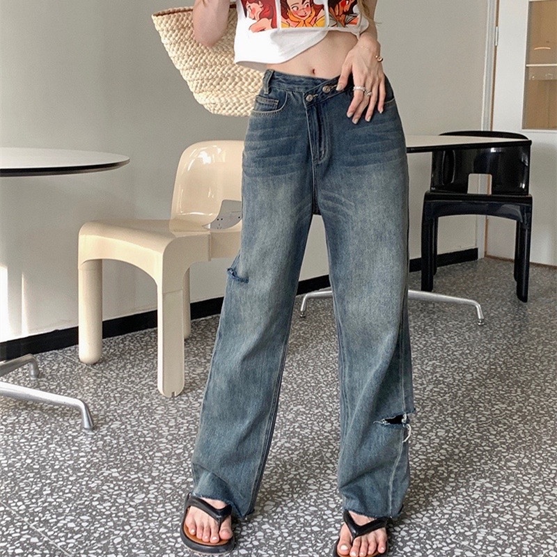 Quần Jean Nữ Lưng Cao Ống Đứng Rách Gối Thời Trang