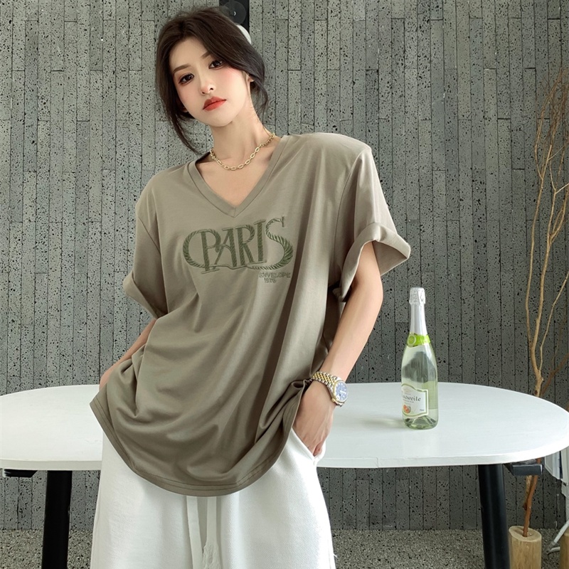 Áo Thun Nữ Ngắn Tay Cổ Chữ V Thêu Hoa Thời Trang