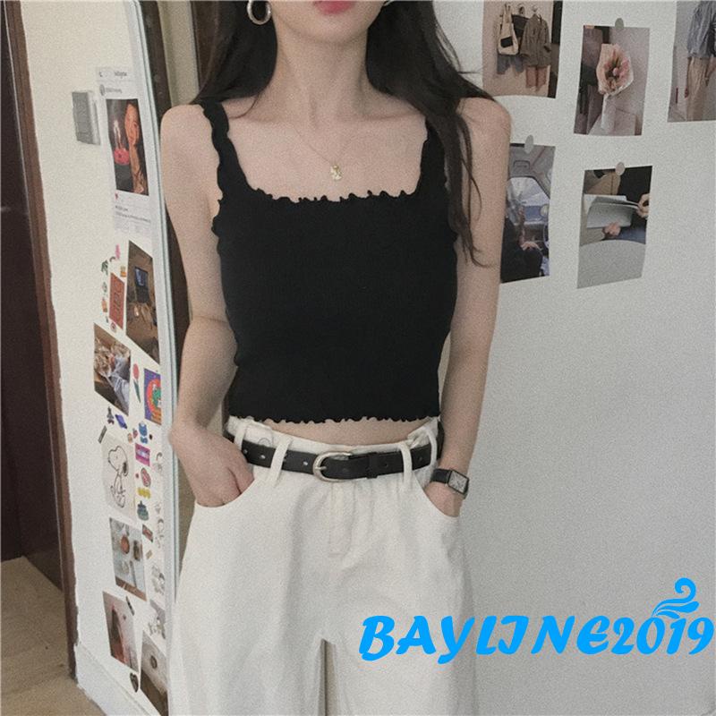 Áo Croptop Dệt Kim Không Tay Màu Sắc Trơn Gợi Cảm Cho Nữ