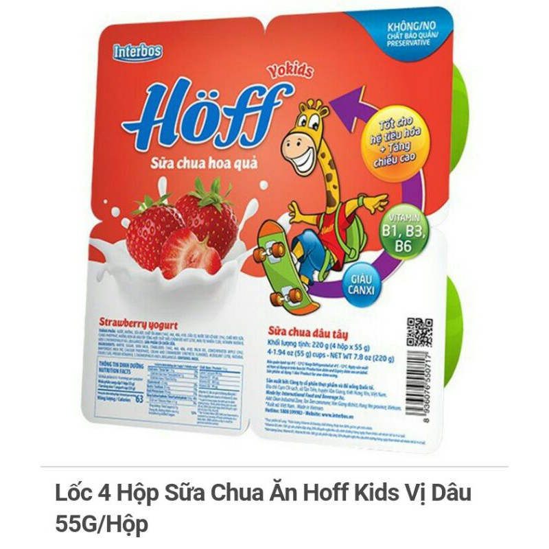 Lốc 4 Sữa Chua Ăn Hoff Kids 55g Có Đường/táo/ dâu/ chuối.