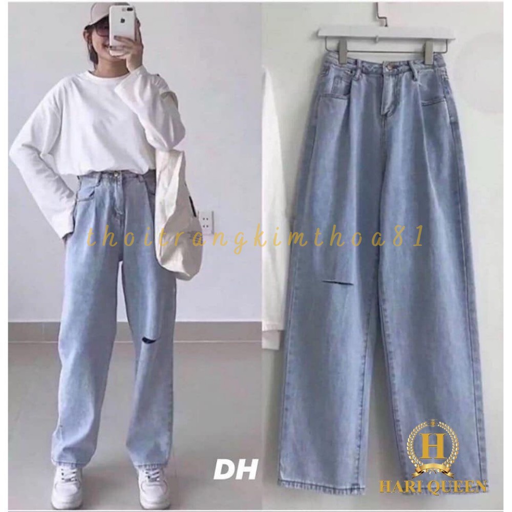 Quần bò ống rộng rách 1 gối