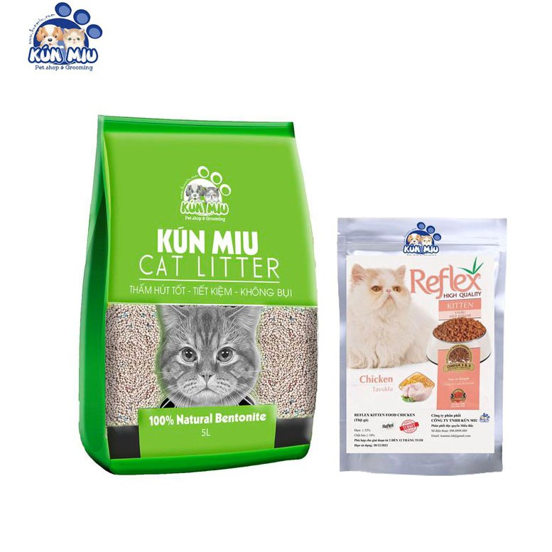 Combo Cát Chanh kunmiu 5l + Reflex kitten 1kg vị thịt gà