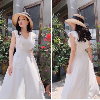 Đầm váy freesize trắng cổ V 2 túi