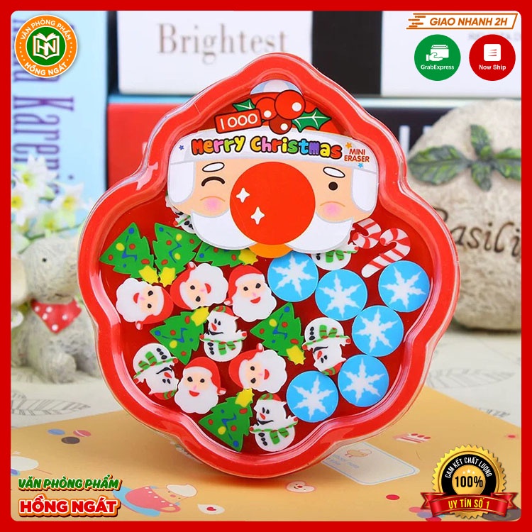 Hộp tẩy bút chì ông già noel gồm nhiều cục tẩy bút chì chủ đề giáng sinh đồ dùng học tập làm quà noel N014