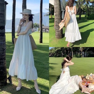 Đầm maxi trắng xoè nơ cao cấp, Đầm maxi đi du lịch , đi biển