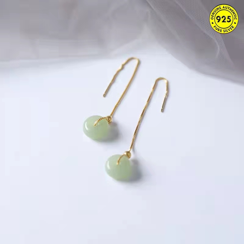 Hoa tai dáng dài đính ngọc bích phối tua rua thời trang cho nữ