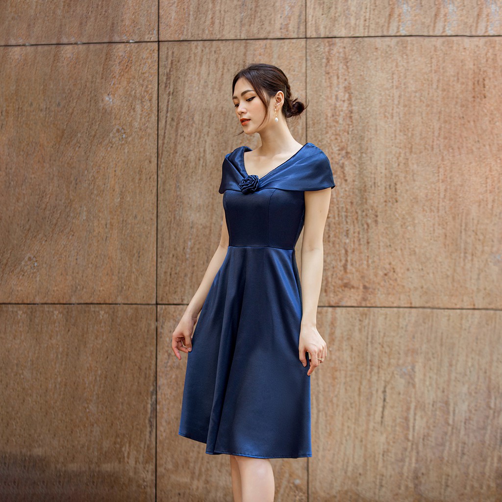 Đầm xòe dự tiệc 2 lớp thời trang Eden bẹt vai phối hoa chất liệu satin siêu mịn quyến rũ - D428