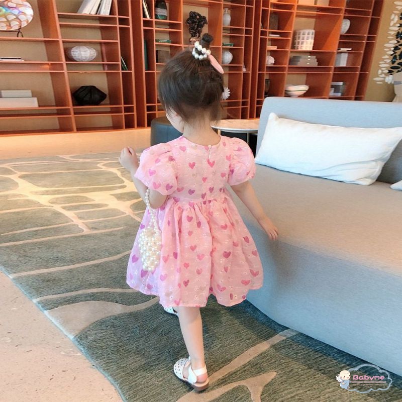 Đầm Công Chúa Tay Phồng In Họa Tiết Trái Tim Dễ Thương Cho Bé Gái