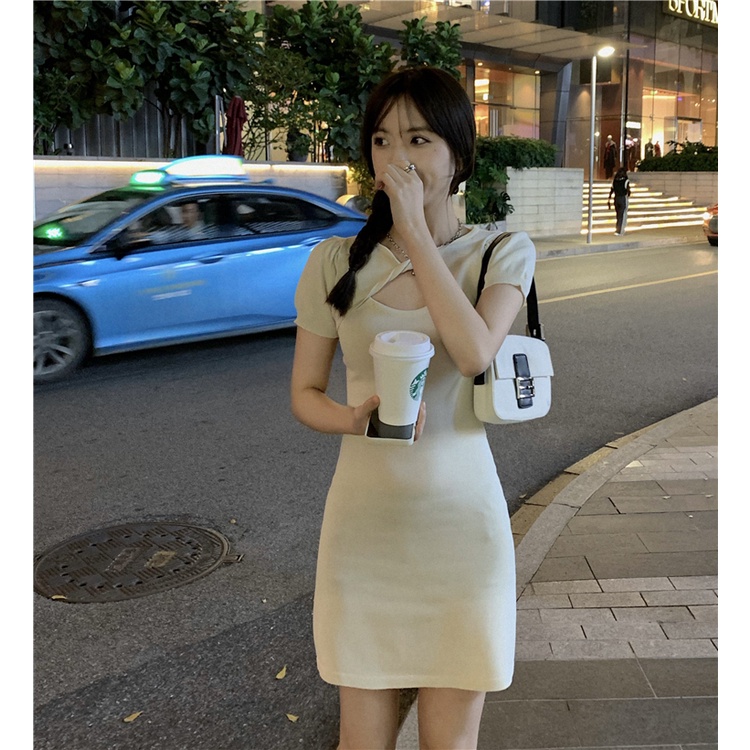 Xiaozhainv Đầm Dệt Kim Tay Ngắn Dáng Ôm Phong Cách Hàn Quốc Dành Cho Nữ